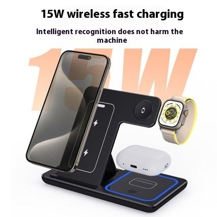 15W 3 In 1 LED Fast Wireless Charger Stand Foldable Charging Station for Smart Phone, IWatch, Air pods Pro