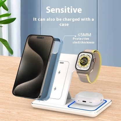 15W 3 In 1 LED Fast Wireless Charger Stand Foldable Charging Station for Smart Phone, IWatch, Air pods Pro