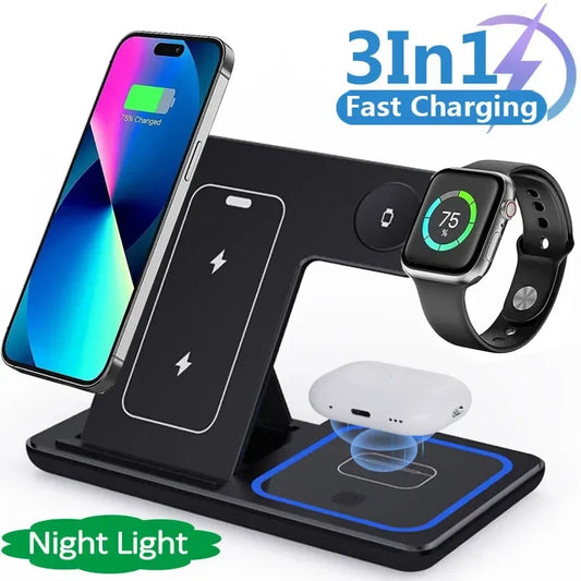 15W 3 In 1 LED Fast Wireless Charger Stand Foldable Charging Station for Smart Phone, IWatch, Air pods Pro